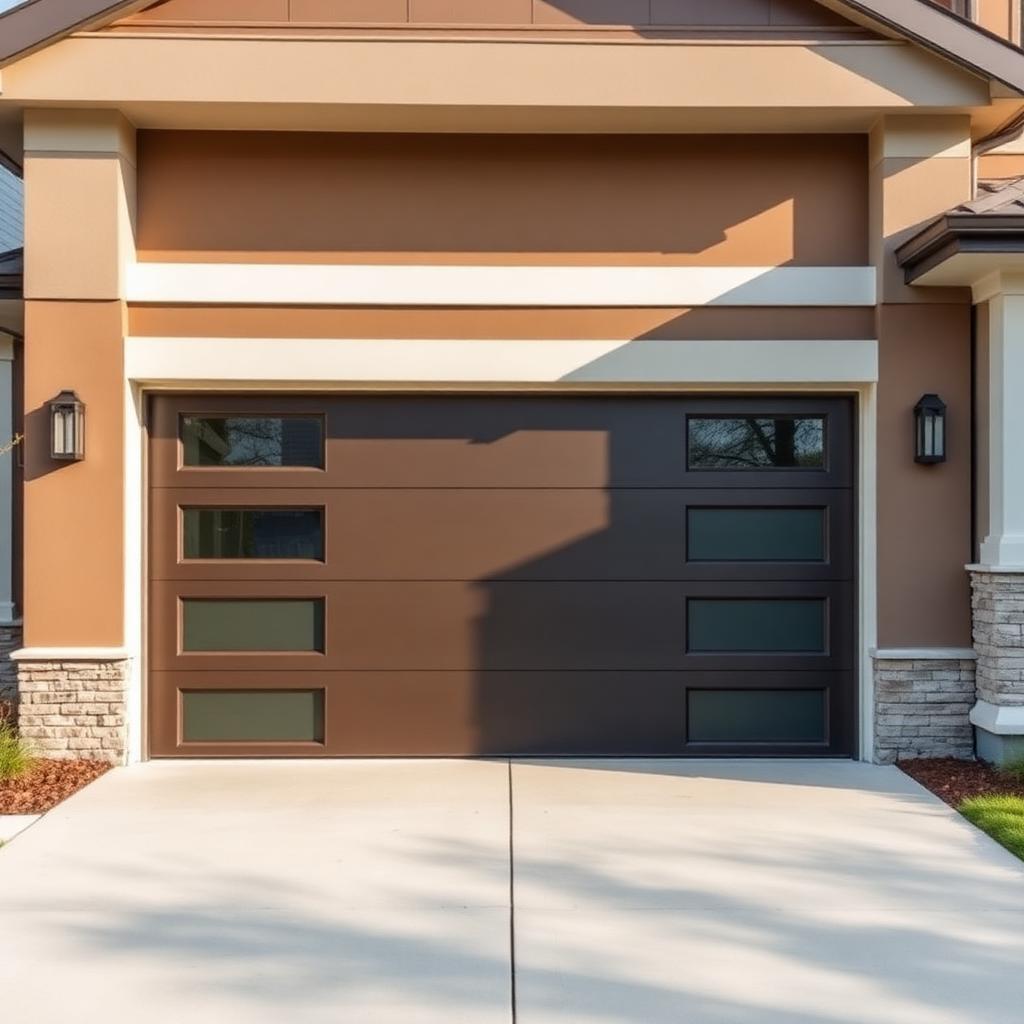 Modern steel garage door with windows on contemporary home in Pearland, TX