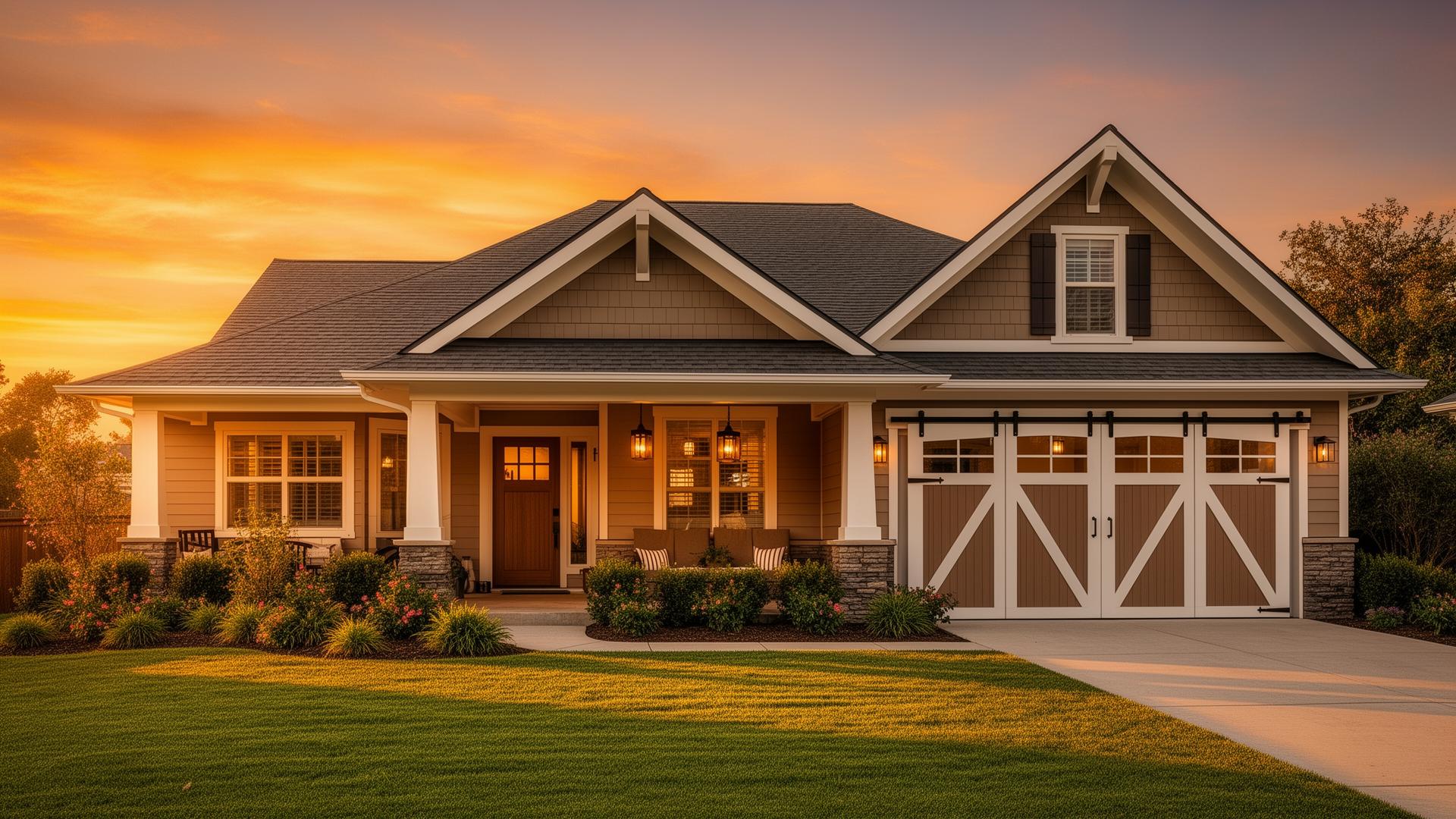 Beautiful craftsman home with farmhouse barn-style garage doors at golden hour sunset in Liverpool, Texas