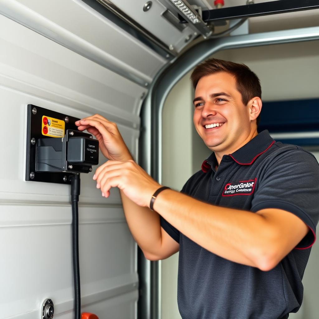 Professional garage door technician from Garage Door Liverpool testing safety features on residential garage door
